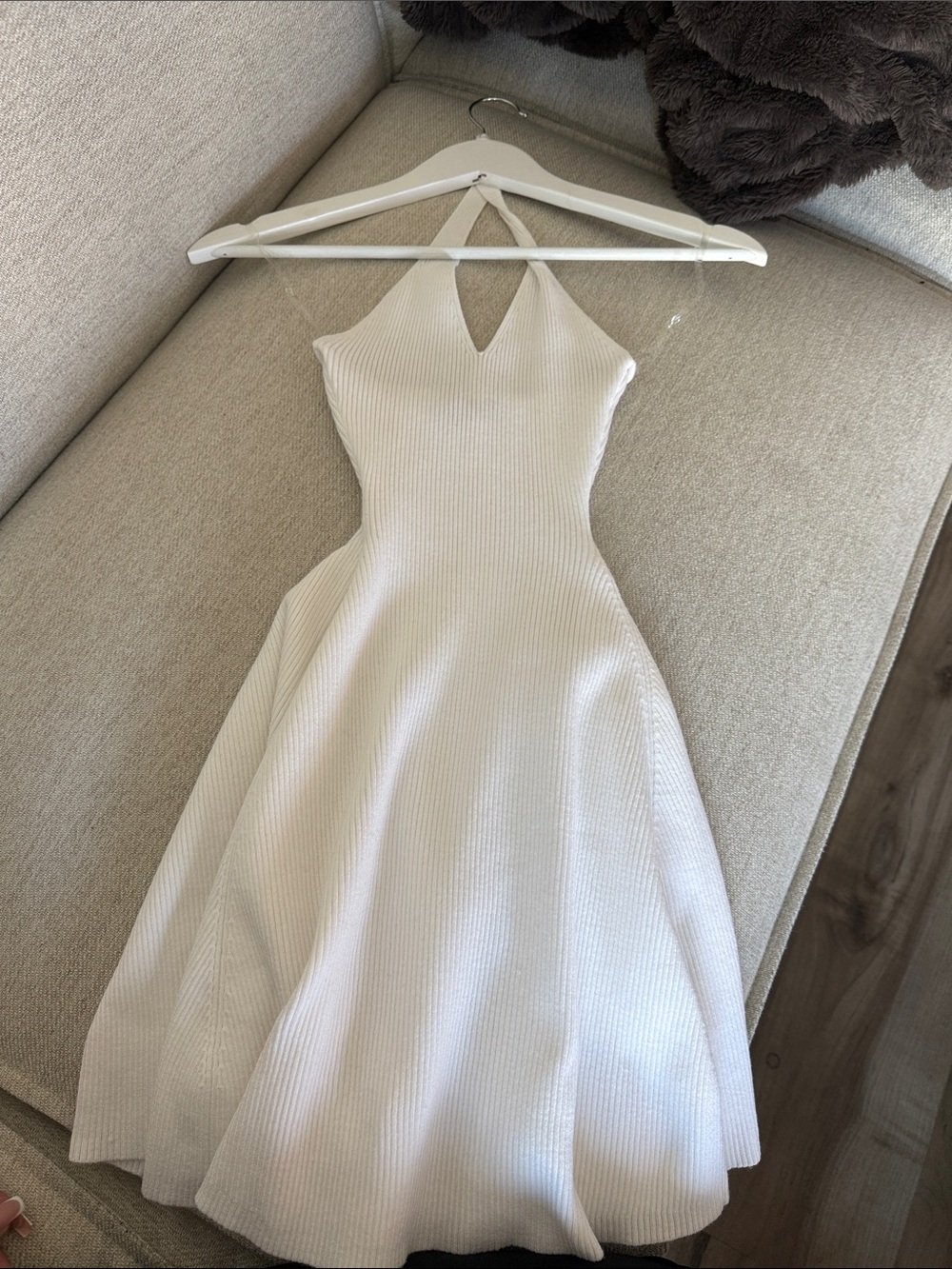 Ribbed V-Neck Spaghetti Strap Dress in WHITE